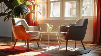 Fototapeta premium Two chairs in psychotherapy room, modern office, nice interior, professional photo, interior photo, sharp focus, blank space for text