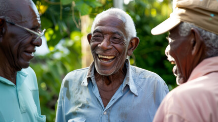Obraz premium Senior men with smiles engage in a card game outdoors.