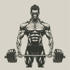 Fototapeta na wymiar red white black modern style minimalist lines of a strong muscle pose strong body builder anatomy man at gym with bundle Doing exercises in all body positions using different gym equipment
