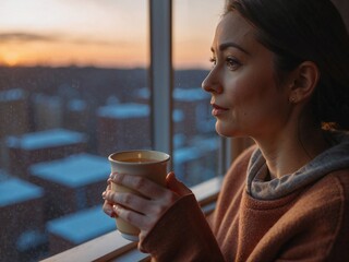 a woman wearing orange sweatshirt holding a cup of warmth tea looking out the window at dusk