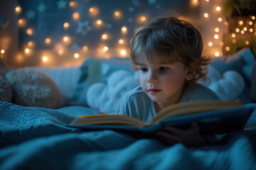 Boy on the bed reading a book at night. The child looks focused and concentrated as he turns the pages, surrounded by pillows and a cozy blanket
