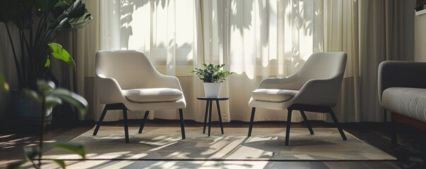 Two chairs in psychotherapy room, modern office, nice interior, professional photo, interior photo, sharp focus, blank space for text