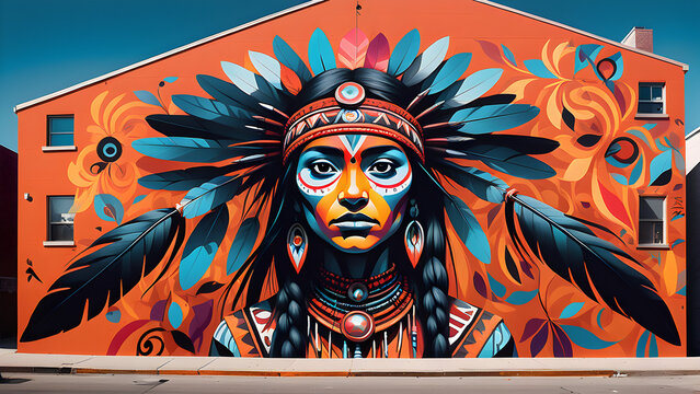 Colorful mural of a Native American woman in traditional attire on an urban building wall.
