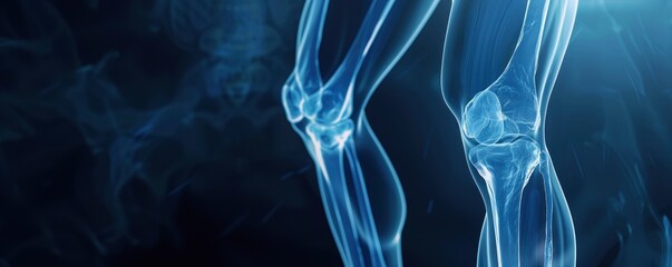 X-ray of a human knee, 3D render, medical advertisement banner, free space for text