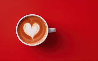 Cup of coffee with coffee art design of a heart. Top view, flat lay. Empty space to add text or logo. Ai Generative