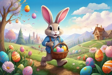 Easter bunny with basket full of eggs in the meadow