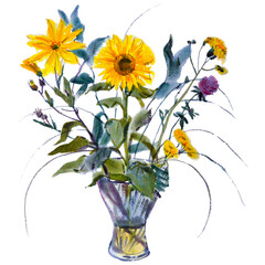 Watercolor illustration of bouquet of sunflowers.