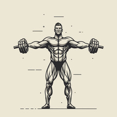 red white black modern style minimalist lines of a strong muscle pose strong body builder anatomy man at gym with bundle Doing exercises in all body positions using different gym equipment