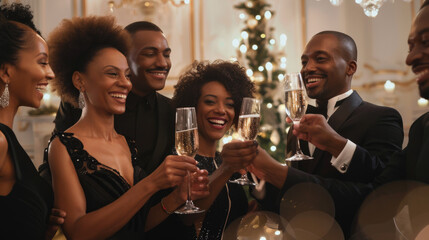 A group of people in formal attire toasting with champagne glasses in a festive setting.