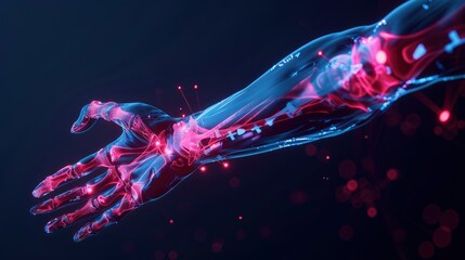 X-ray of a human's arm, with red markings of pain hotspots, 3D render, medical advertisement banner, free space for text