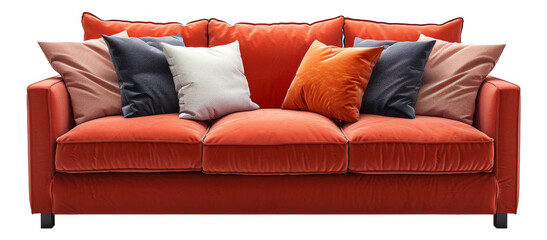 Comfortable leather sofa with colorful pillows, cut out - stock png.
