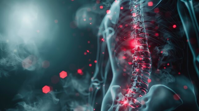 X-ray of a human's back, with red markings of pain hotspots, 3D render, medical advertisement banner, free space for text
