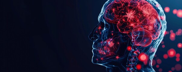X-ray of a human's brain, with red markings of pain hotspots, 3D render, medical advertisement banner, free space for text