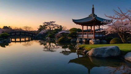 Japanese garden with cherry blossoms and pond at sunset