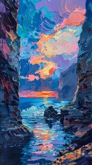 Impressionist seascape painting with sunset