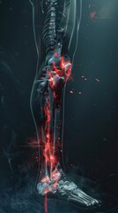 X-ray of a human's leg, with red markings of pain hotspots, 3D render, medical advertisement banner, free space for text