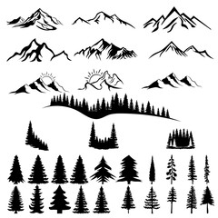 Mountain and Forest, Pine Trees, Hand Drawn Vector Illustration
