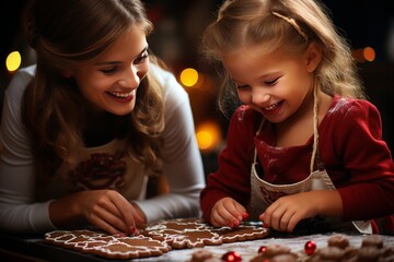 mother and daughter baking festive ginger cookies in colorful christmas-themed kitchen
