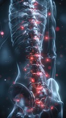 X-ray of a human's spine, with red markings of pain hotspots, 3D render, medical advertisement banner, free space for text
