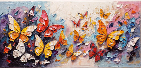 Colorful abstract oil acrylic painting of colorful butterflies, pallet knife on canvas