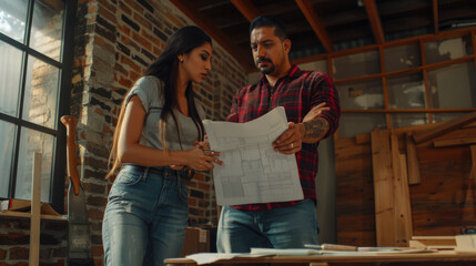 Fototapeta premium A mentor reviews a blueprint with a young apprentice in a woodworking workshop.