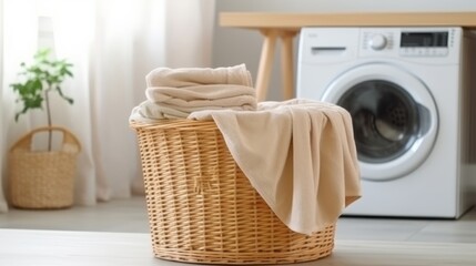 Clothes in laundry basket isolated in bathroom background. - obrazy, fototapety, plakaty