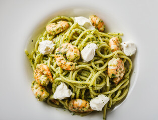 seafood pasta with shrimp and pesto