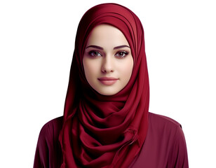 Muslim woman wearing a red scarf or hijab, on transparent background