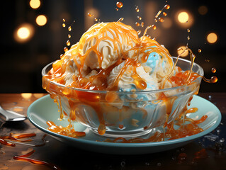 ice cream bowl with sugar syrup pouring over it