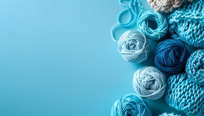 Blue balls of wool and yarn for crocheting and knitting on a blue background. Banner with space for your text. - obrazy, fototapety, plakaty