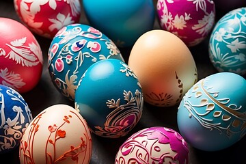 Fototapeta na wymiar Easter eggs on a black background, top view, close-up