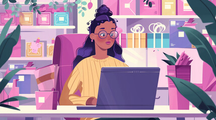 flat illustration Young woman working with laptop and headphones. Concept Work from home	