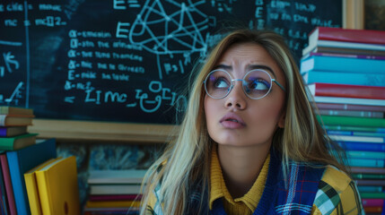 A concerned student stands in front of a chalkboard filled with complex equations.