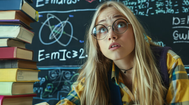 A concerned student stands in front of a chalkboard filled with complex equations.