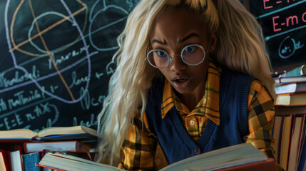 A concerned student stands in front of a chalkboard filled with complex equations.