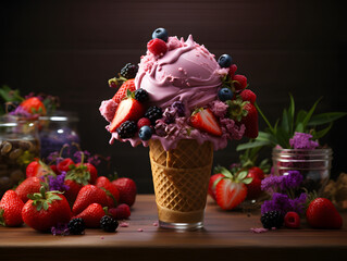 ice cream cones covered with fruits