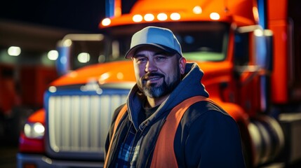 Confident trucker semi-truck lit colorful night scene