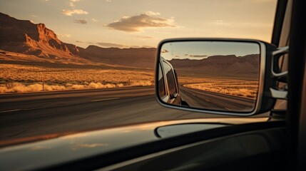 Fototapeta na wymiar Trucker's mirror reflecting desert cabin lit by dashboard