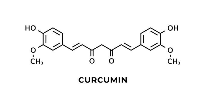 Chemical formula of curcumin turmeric. Skeletal structure of curcumin graphic design. Supplement, food flavoring and coloring