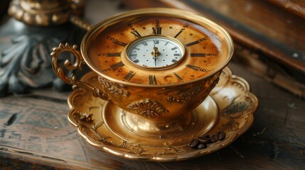 Coffee time. Time for a coffee break. Coffee cup with a clock