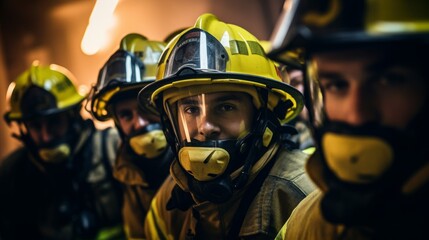 Fototapeta premium Close-knit firefighter team geared up before building entry