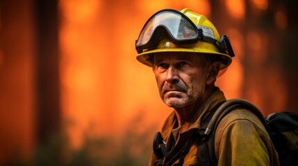 Fototapeta premium Firefighter with rugged face orange flames forest back
