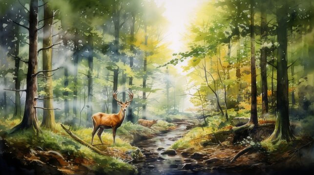 Glade in the forest with deer watercolor painting