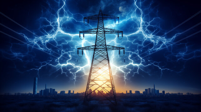 power lines with lightning background