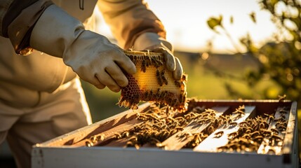 Pest expert relocates beehive gently bees around golden hour