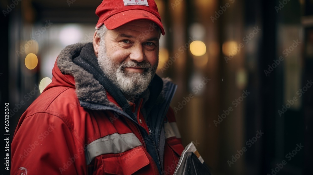 Poster Bundled postman delivers in cold visible breath dedication