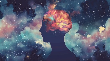 Conceptual illustration of a human head with brain activity and cosmos - obrazy, fototapety, plakaty