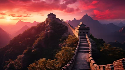 Papier Peint photo Lavable Mur chinois Timeless Sentinel: Great Wall Bathed in Sunset, Rampart Shadows Lengthen