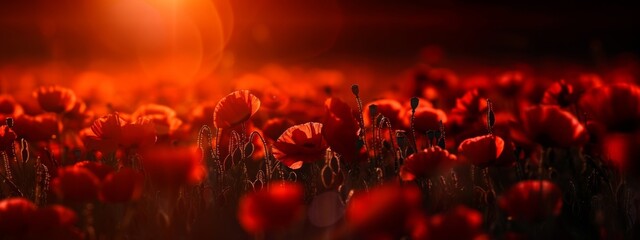 Dramatic Poppy flowers field. Anzac day banner. Remember for Anzac, Historic war memory. Anzac background. Poppy field, Remembrance day.