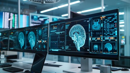 Digital image of a human brain scan displayed on monitors - obrazy, fototapety, plakaty